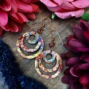 Rainbow copper hammered hoop dangle earrings